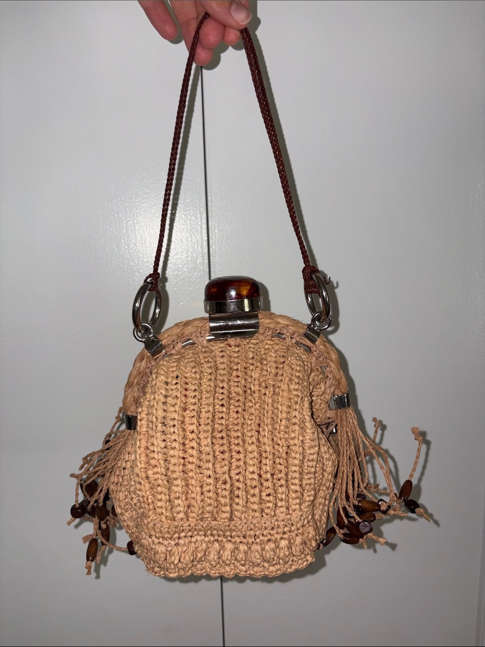 Handwoven Tan Crochet Mini Bag with Wood Bead Accent